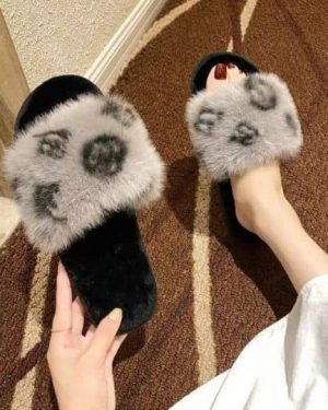 Faux Fur Shoes Slipper with Print