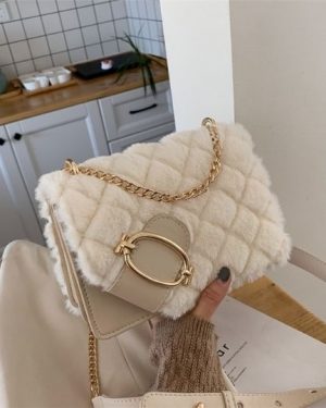 Plush Crossbody Plush Shoulder Bag with Golden Chain